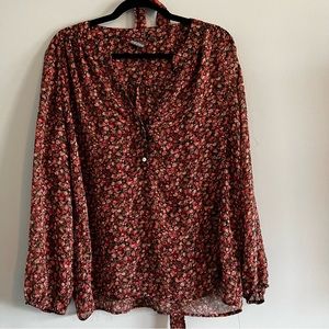 New York & Co Long Sleeve 1/2 Button Up Blouse w Bow, Size XL in Floral Print.